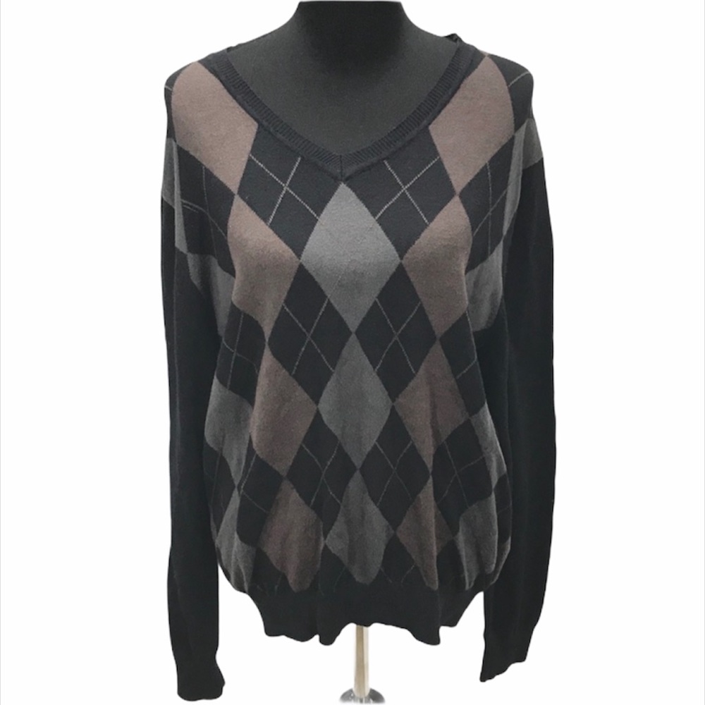 J. Ferrar Argyle V-Neck Sweater, Black, Gray